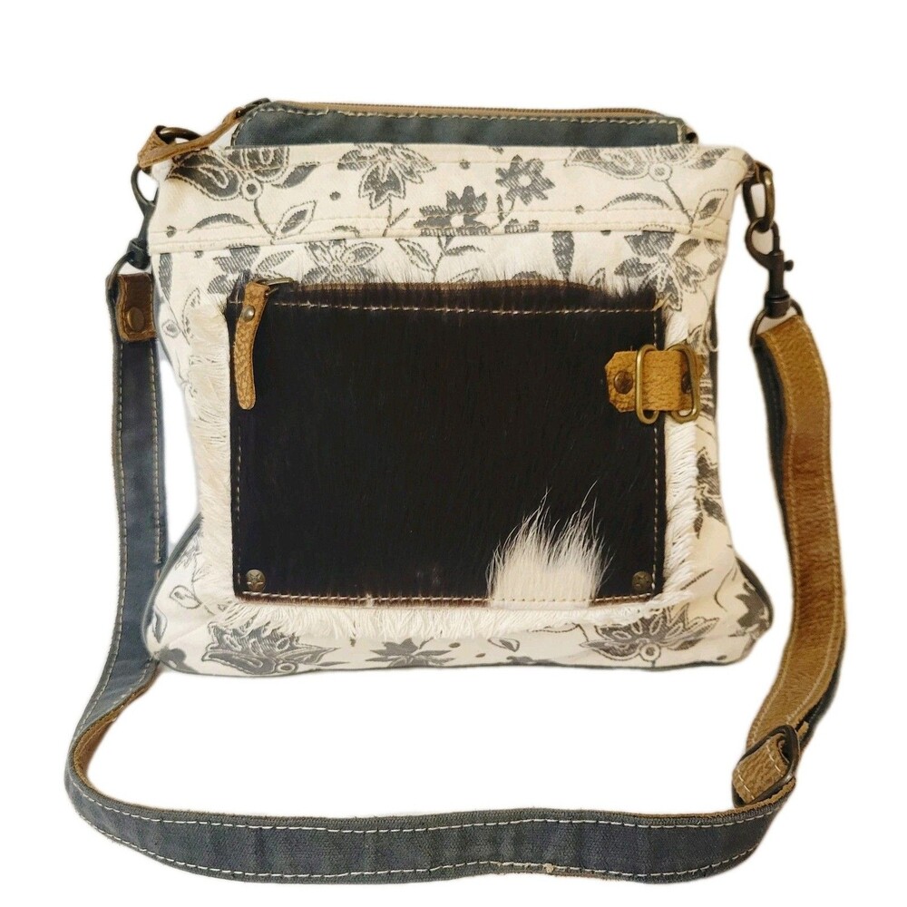 Myra Bag Floral Canvas & Leather Crossbody Bag Cowhide Pocket Boho